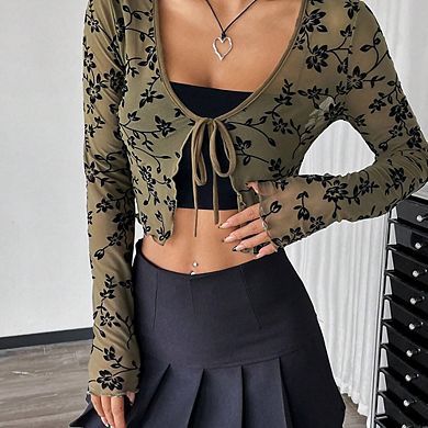 Flocked Print Mesh Long Sleeve Crop Top, Slim Fit Tie Front Cover Up