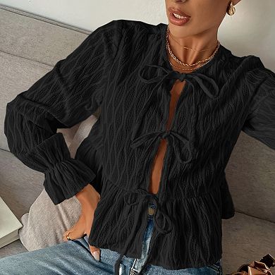 Tie Front Ruffle Long Sleeve Crop Top, Loose Slim Fit Ruffle Hem Blouse