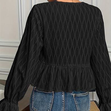 Tie Front Ruffle Long Sleeve Crop Top, Loose Slim Fit Ruffle Hem Blouse