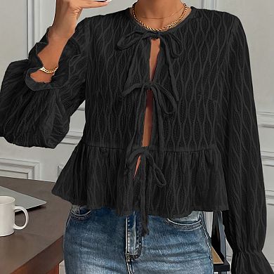 Tie Front Ruffle Long Sleeve Crop Top, Loose Slim Fit Ruffle Hem Blouse
