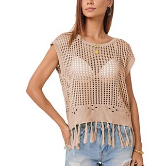 Hollow Out Fringe Sleeveless Knit Top, Loose Slim Fit Crop Cover Up