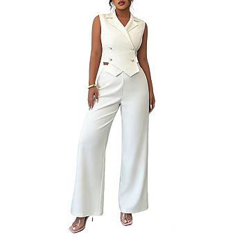 Women's Sleeveless Blazer Vest High Waist Wide Leg Pants Two Piece Set