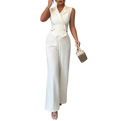 Women's Sleeveless Blazer Vest High Waist Wide Leg Pants Two Piece Set