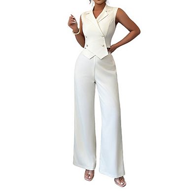 Women's Sleeveless Blazer Vest High Waist Wide Leg Pants Two Piece Set