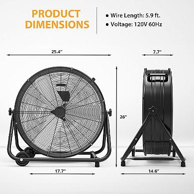 Heavy-Duty High-Speed Floor Fan,Portable with Handle & Casters,for Warehouses, Garages