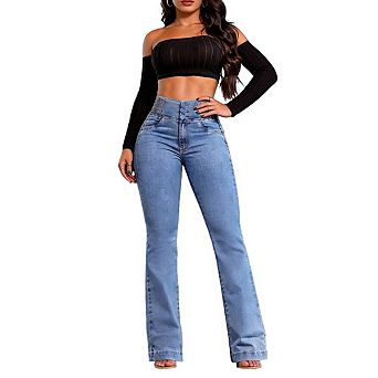 Women's High Waisted Bootcut Jeans Smocked Waistband Button Closure Stretchy Denim Pants