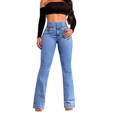Women's High Waisted Bootcut Jeans Smocked Waistband Button Closure Stretchy Denim Pants