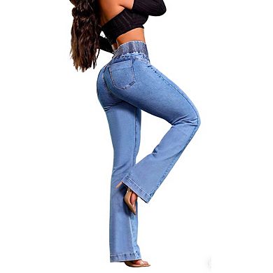 Women's High Waisted Bootcut Jeans Smocked Waistband Button Closure Stretchy Denim Pants