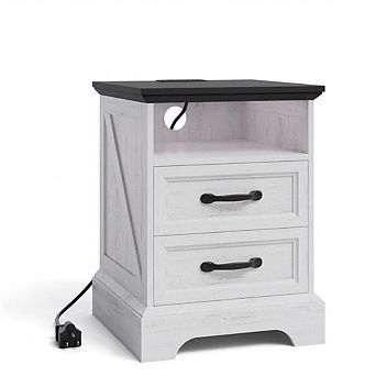 Farmhouse Nightstand with Charging Station Set of 1/2, Modern Rustic Large Bedside Table
