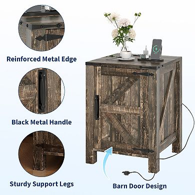 Farmhouse Nightstand with USB Charging Station, Rustic Bedside Table with Sliding Barn Door