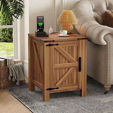 Farmhouse Nightstand with USB Charging Station, Rustic Bedside Table with Sliding Barn Door