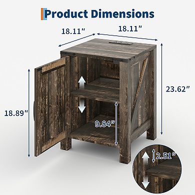 Farmhouse Nightstand with USB Charging Station, Rustic Bedside Table with Sliding Barn Door
