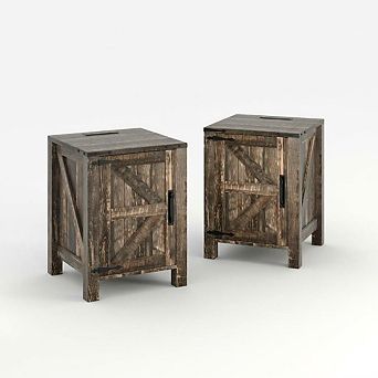 Farmhouse Nightstand with USB Charging Station, Rustic Bedside Table with Sliding Barn Door