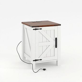 Farmhouse Nightstand with USB Charging Station, Rustic Bedside Table with Sliding Barn Door