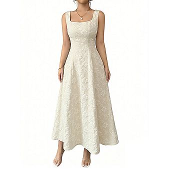 Women's Sleeveless Square Neck Long Dress Textured Floral Fitted Waist Maxi Dresses