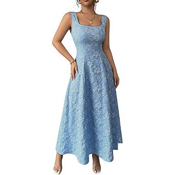 Women's Sleeveless Square Neck Long Dress Textured Floral Fitted Waist Maxi Dresses