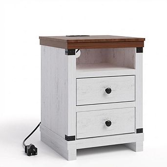Farmhouse White Nightstand with Charging Station, 2 Drawers, USB Ports & Power Outlets