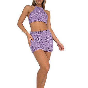 Women's Open Knit Sleeveless Halter Top and Back Cutout Mini Skirt Swim Cover Up Set