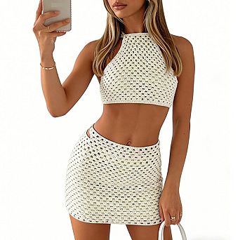 Women's Open Knit Sleeveless Halter Top and Back Cutout Mini Skirt Swim Cover Up Set