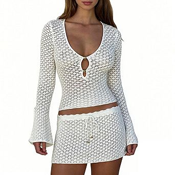 Women's Two Piece Crochet Cover Up Set Bell Sleeve Keyhole Top Drawstring Waist Mini Skirt