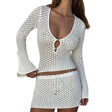 Women's Two Piece Crochet Cover Up Set Bell Sleeve Keyhole Top Drawstring Waist Mini Skirt