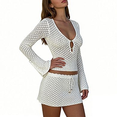 Women's Two Piece Crochet Cover Up Set Bell Sleeve Keyhole Top Drawstring Waist Mini Skirt