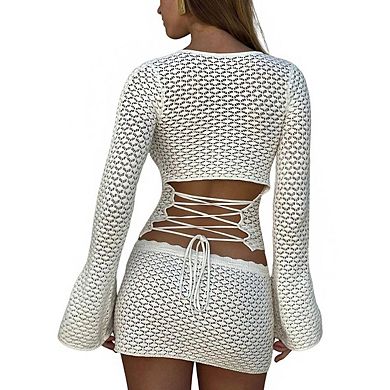 Women's Two Piece Crochet Cover Up Set Bell Sleeve Keyhole Top Drawstring Waist Mini Skirt