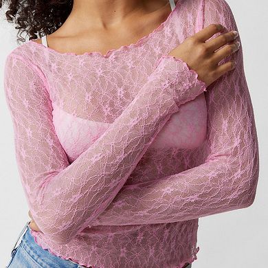 Women's Lace Patchwork Long Sleeve Slim Fit Mesh Top