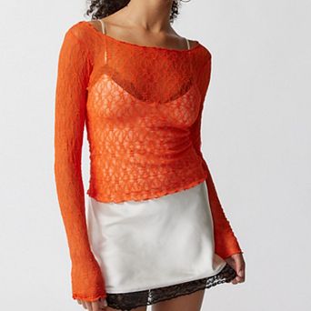 Women's Lace Patchwork Long Sleeve Slim Fit Mesh Top