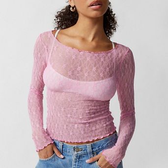 Women's Lace Patchwork Long Sleeve Slim Fit Mesh Top