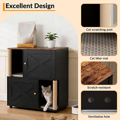 Double Layer Cat Litter Box Enclosure Hidden Furniture with Scratching Post for 2 Cats