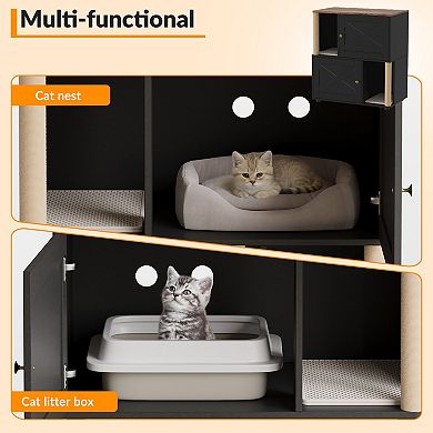 Double Layer Cat Litter Box Enclosure Hidden Furniture with Scratching Post for 2 Cats