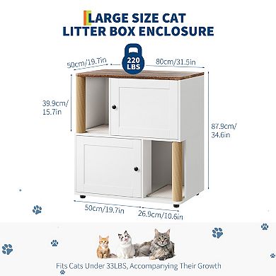 Double Layer Cat Litter Box Enclosure Hidden Furniture with Scratching Post for 2 Cats