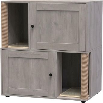 Double Layer Cat Litter Box Enclosure Hidden Furniture with Scratching Post for 2 Cats