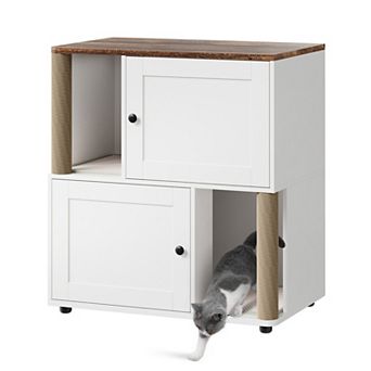 Double Layer Cat Litter Box Enclosure Hidden Furniture with Scratching Post for 2 Cats