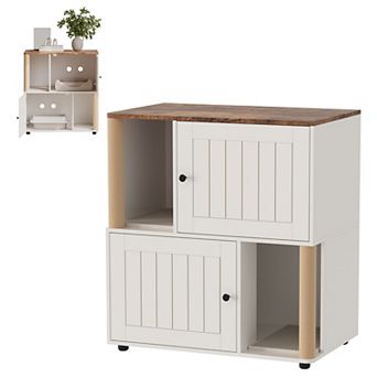 Double Layer Cat Litter Box Enclosure Hidden Furniture with Scratching Post for 2 Cats