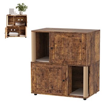 Double Layer Cat Litter Box Enclosure Hidden Furniture with Scratching Post for 2 Cats