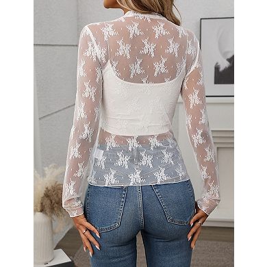 Women's Mock Neck Sheer Mesh Long Sleeve Trendy T-Shirt