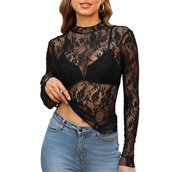 Women's Mock Neck Sheer Mesh Long Sleeve Trendy T-Shirt
