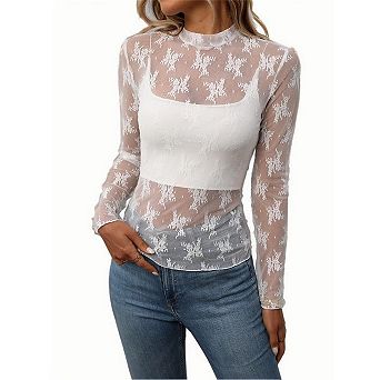 Women's Mock Neck Sheer Mesh Long Sleeve Trendy T-Shirt