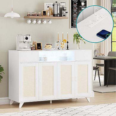 Rattan Sideboard Buffet Storage Cabinet with LED Lighting & Charging Hub