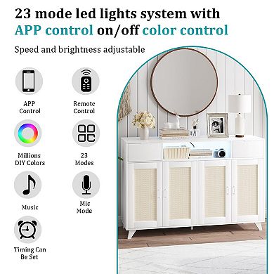 Rattan Sideboard Buffet Storage Cabinet with LED Lighting & Charging Hub