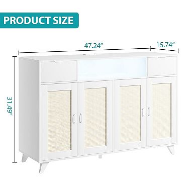 Rattan Sideboard Buffet Storage Cabinet with LED Lighting & Charging Hub