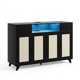 Rattan Sideboard Buffet Storage Cabinet with LED Lighting & Charging Hub