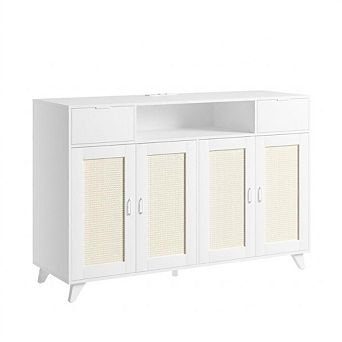 Rattan Sideboard Buffet Storage Cabinet with LED Lighting & Charging Hub