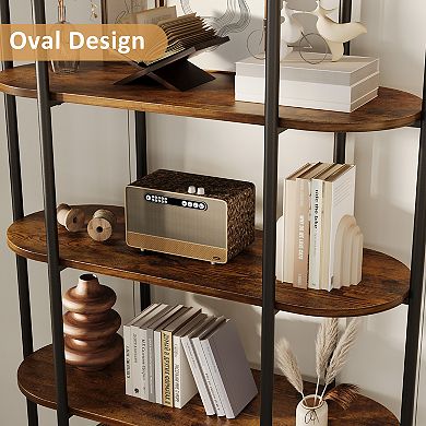 Industrial Oval Bookshelf with Metal Frame and Wood Shelves Open Display Storage Bookcase