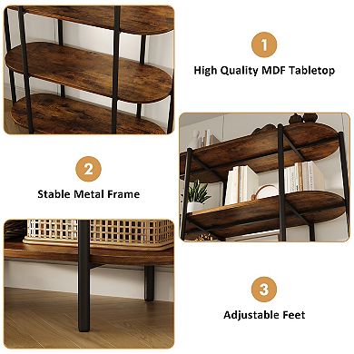 Industrial Oval Bookshelf with Metal Frame and Wood Shelves Open Display Storage Bookcase