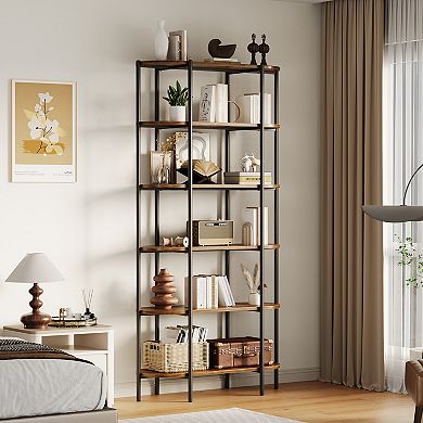 Industrial Oval Bookshelf with Metal Frame and Wood Shelves Open Display Storage Bookcase