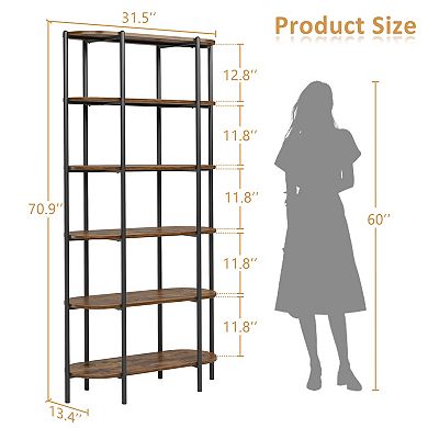 Industrial Oval Bookshelf with Metal Frame and Wood Shelves Open Display Storage Bookcase