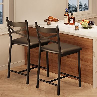 PU Upholstered Bar Stools with X Shaped Backrest and Metal Footrest for Kitchen Island